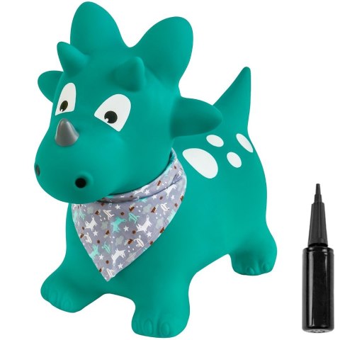 Skoczek gumowy dla dzieci DINO 59 cm zielony z bandaną do skakania z pompką Skoczek gumowy dla dzieci DINO 59 cm zielony z bandaną do skakania z pompką