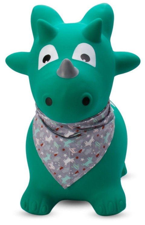 Skoczek gumowy dla dzieci DINO 59 cm zielony z bandaną do skakania z pompką Skoczek gumowy dla dzieci DINO 59 cm zielony z bandaną do skakania z pompką