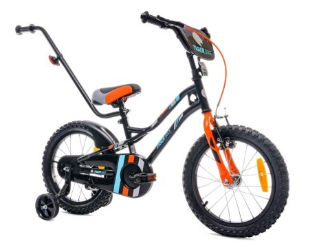 Rowerek dla chłopca 16 cali Tiger Bike z pchaczem czarno - pomarańczow - turkusowy Rowerek dla chłopca 16 cali Tiger Bike z pchaczem czarno - pomarańczow - turkusowy