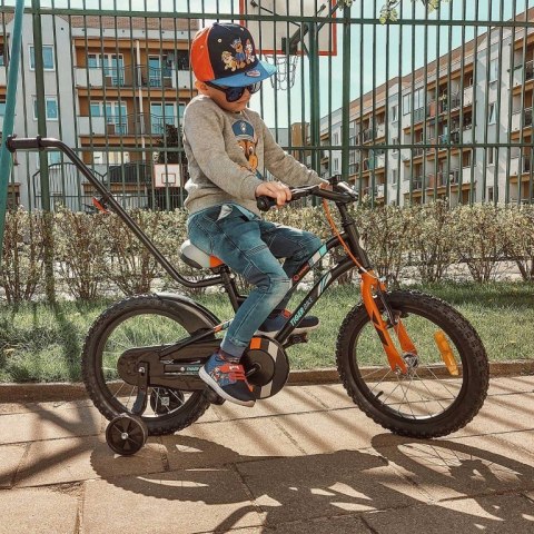 Rowerek dla chłopca 16 cali Tiger Bike z pchaczem czarno - pomarańczow - turkusowy Rowerek dla chłopca 16 cali Tiger Bike z pchaczem czarno - pomarańczow - turkusowy