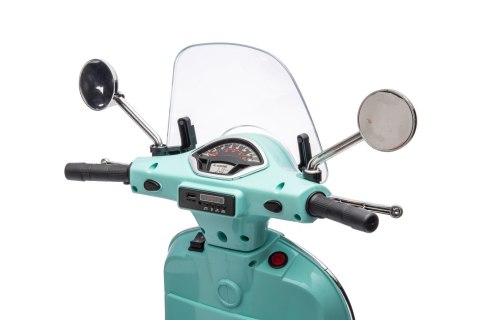 Jeździk akumulatorowy Scooter Vespa z kuferkiem turkusowy Jeździk akumulatorowy Scooter Vespa z kuferkiem turkusowy