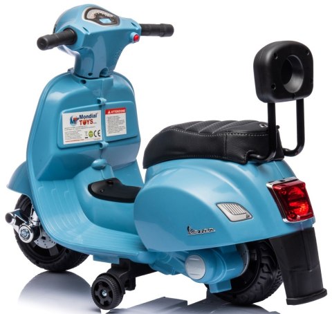 Jeździk akumulatorowy Scooter Vespa z siedzeniem z ekoskóry z przeszyciem i oparciem niebieski Jeździk akumulatorowy Scooter Vespa z siedzeniem z ekoskóry z przeszyciem i oparciem niebieski