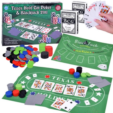 Zestaw Gra karciana 2w1 Poker i BlackJack Żetony + karty + plansza GR0706 Zestaw Gra karciana 2w1 Poker i BlackJack Żetony + karty + plansza GR0706