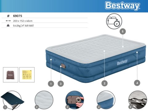 Bestway Dmuchany Materac dwuosobowy samopompujący 203x152x46cm 69075 Bestway Dmuchany Materac dwuosobowy samopompujący 203x152x46cm 69075