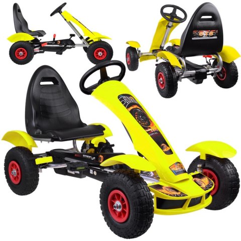 Żółty sportowy GOKART na pedały dla dzieci do 50kg - Pompowane koła SP0209 Żółty sportowy GOKART na pedały dla dzieci do 50kg - Pompowane koła SP0209